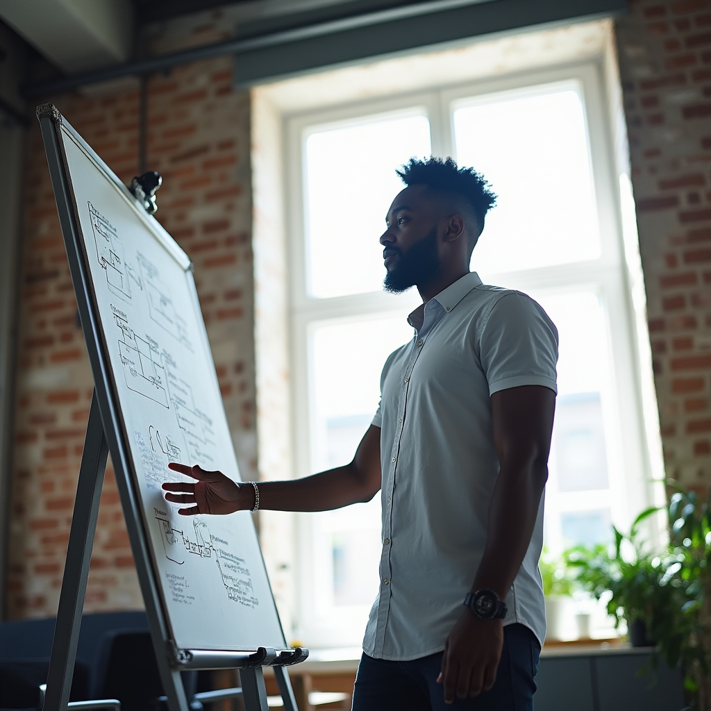 Security consultant pointing at an API architecture diagram on a whiteboard covered in authentication flow notes