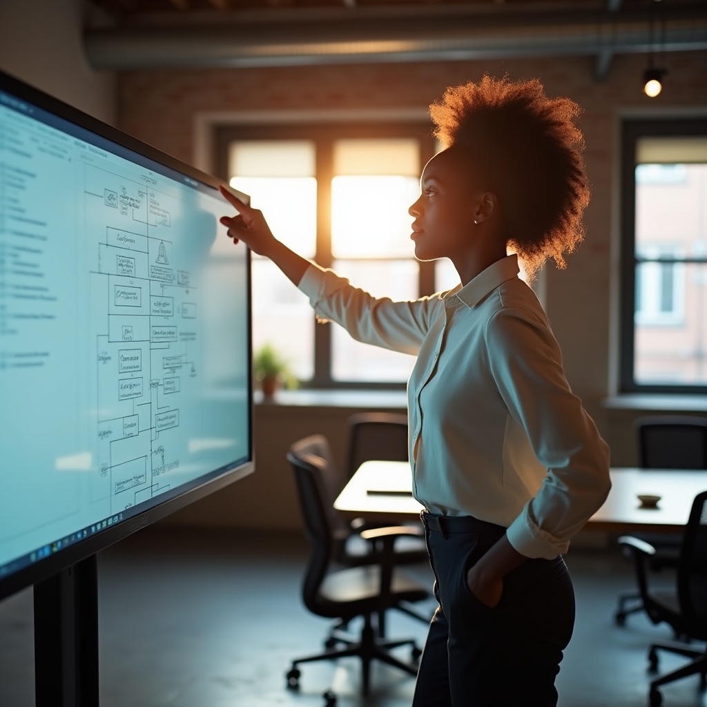 Consultant reviewing authentication flow diagrams on a monitor during a security workshop session