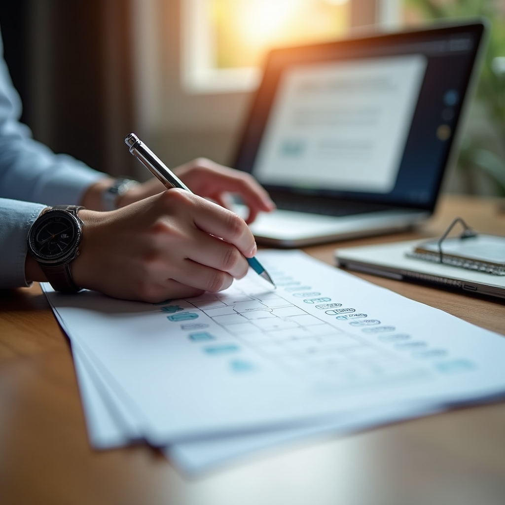 Close-up of hands reviewing a printed API security checklist alongside a laptop showing endpoint documentation