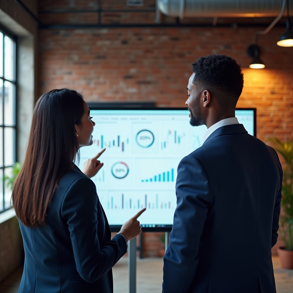 Two security consultants reviewing a payment transaction dashboard on a large monitor in a bright loft office