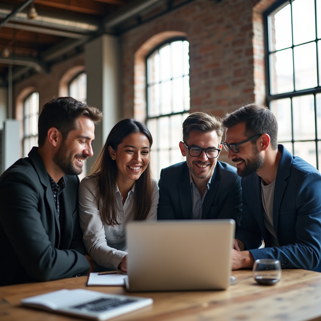 Diverse team of API security consultants gathered around a laptop discussing findings in an industrial-style loft office